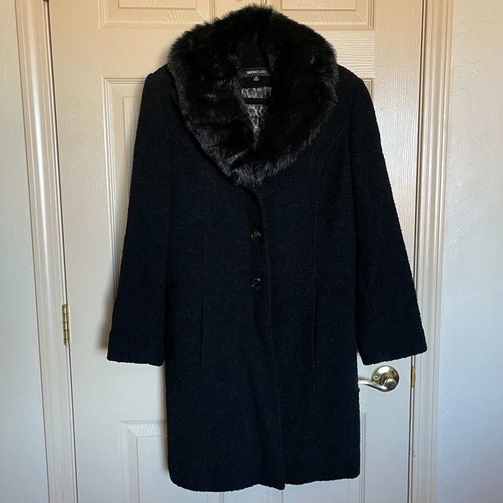 Black Boucle 3/4 coat with convertible fur collar.